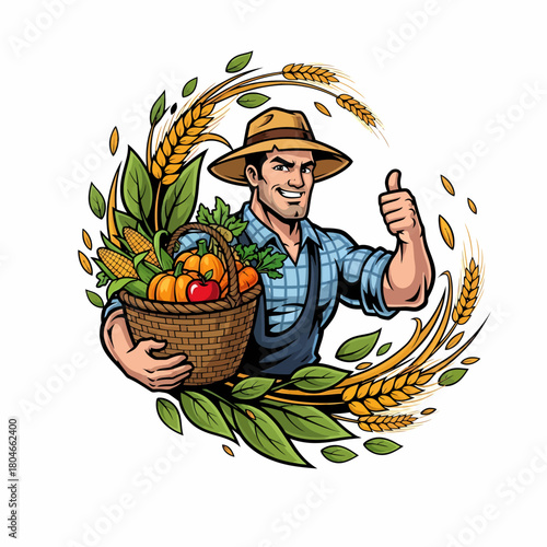 Illustration farmer holds harvested vegetables in basket gives thumbs up gesture
