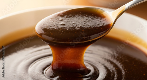 Spoon Scooping Thick Glossy Oyster Sauce