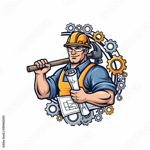 Cartoon illustration muscular engineer holding hammer and blueprints gears background