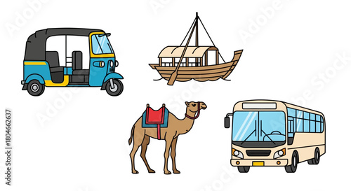 Diverse Transportation Rickshaw, Boat, Camel, and Bus Illustration