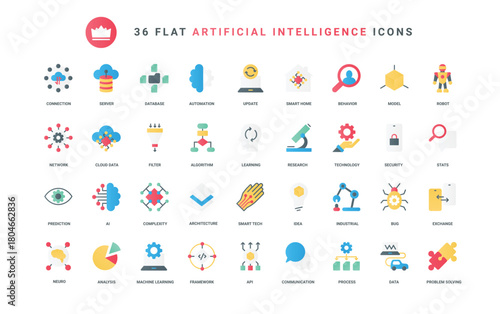 Machine and artificial brain of robot learning, smart algorithms and automation, data cloud analytics and statistics analysis. AI technology trendy flat icons set vector illustration