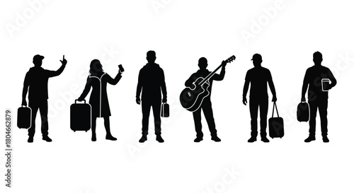 Diverse Silhouettes of Travelers, Musicians, and Everyday People on the Go