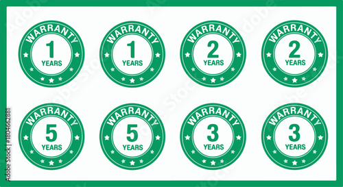Green warranty guarantee 1, 2, 3, and 5 years seals vector badge set