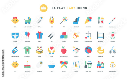 Trendy flat color icons set for baby accessories and toys. Car seat and stroller for child, bath and duck, organic healthy food, onesie romper clothes, and diaper vector illustration