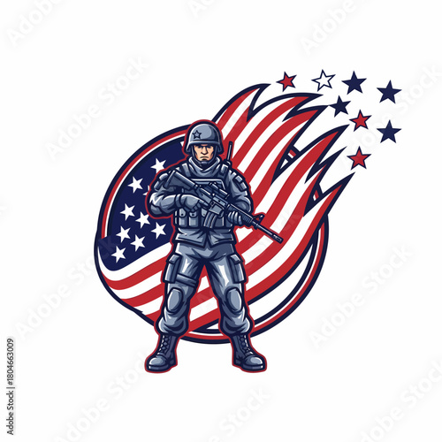 Illustration soldier with american flag and stars symbol of patriotism