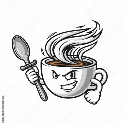 Monochrome vector coffee cup mascot holding spoon with angry expression