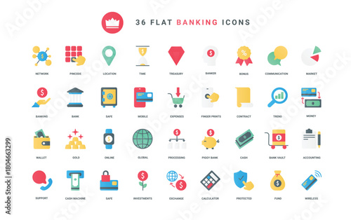 Trendy flat color icons for finance, bank accounting business analysis, including budget management, economy financial investment, expenses, banking protection, contract vector illustration