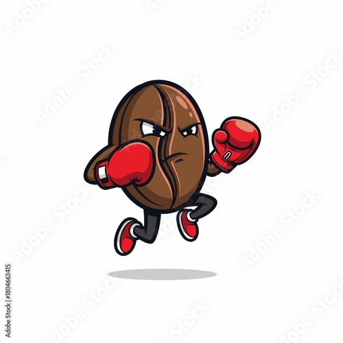 Cartoon coffee bean boxer with red gloves and determined face
