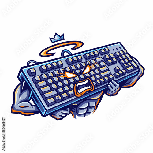 Cartoon keyboard bodybuilder lifting weights with angry face illustration