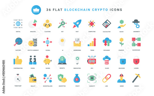 Trendy flat color icons for cryptocurrency, blockchain, global digital crypto money trends, profit on fintech exchange analysis, bitcoin data mining, startup launch rocket vector illustration