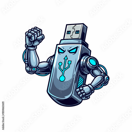 Cartoon robotic USB drive character flexing strong cyber muscle arms