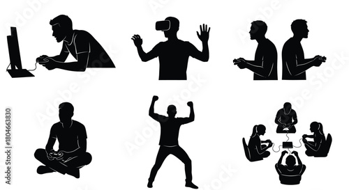 Gaming Lifestyle Silhouettes: Virtual Reality, PC, Console, Social Interaction and E-sports Concepts