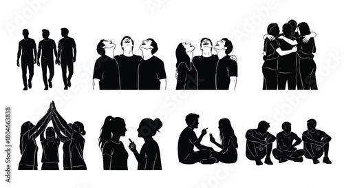 Collection of People Silhouettes Depicting Social Interaction, Communication, and Unity