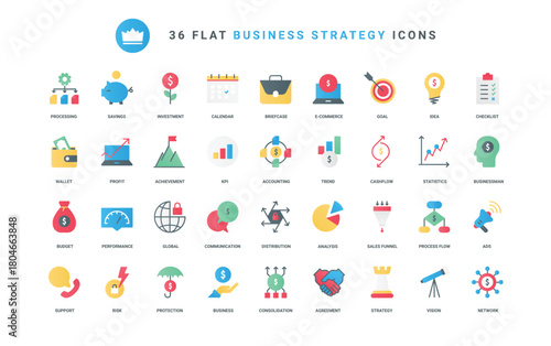 Budget distribution and commerce support, vision and analysis of trends and KPI, marketing sales funnel and investment protection. Business strategy trendy flat icons set vector illustration