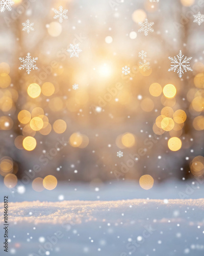 Soft snowflake bokeh golden glow winter background, dreamy festive lights, gentle snowfall, warm sunrise, tranquil holiday mood, serene abstract scene, peaceful wonderland for seasonal design