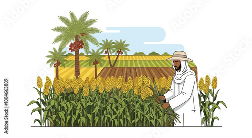 Farmer harvesting crops in a field with palm trees and agricultural land under a clear sky