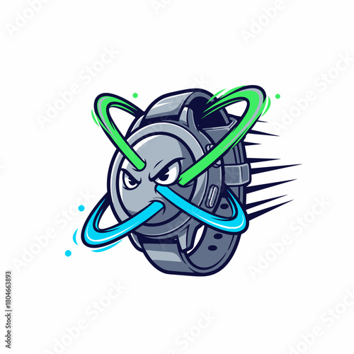 Cartoonish smart watch with angry face and laser beam effect