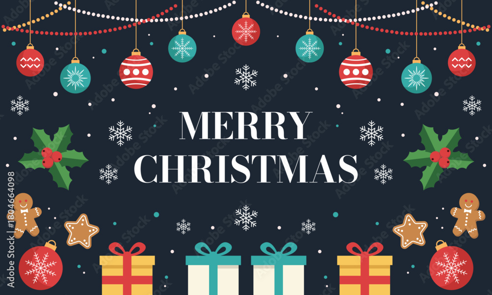 Fototapeta premium Flat Vector Merry Christmas Greeting Card with Hanging Ornaments, Snowflakes, Holly Leaves, Gingerbread Cookies and Gift Boxes on Dark Festive Background