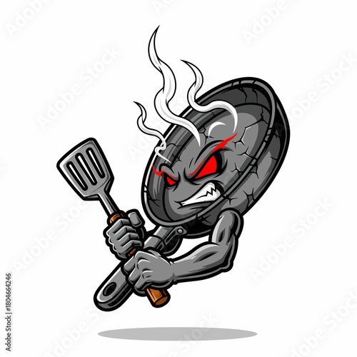 Cartoon pan character holding spatula with angry expression and smoke