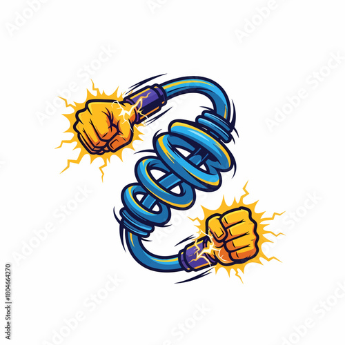 Cartoon illustration of fists fighting with energy cable connection power