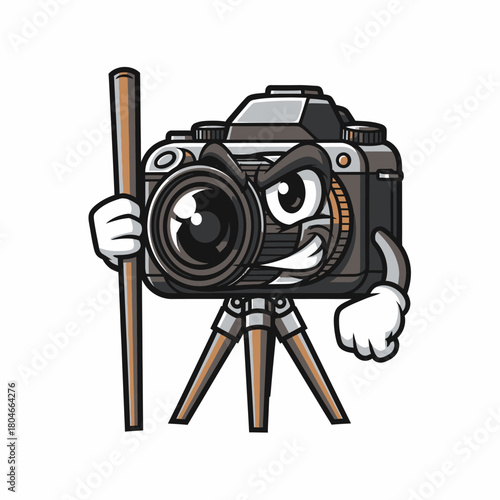 Cartoon camera character holding walking stick outdoors adventure photography
