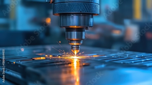 Precision laser cutting machine sparks fly as it etches metal sheet industrial machine