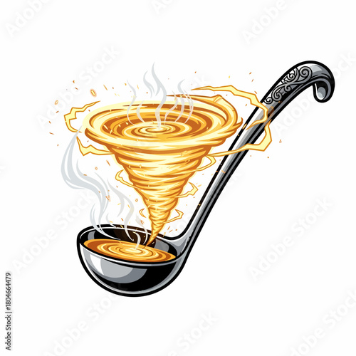 Illustration of soup tornado forming inside ladle swirling vapor