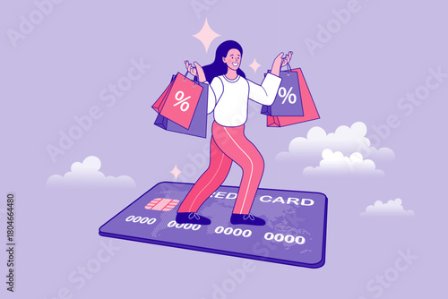 A happy woman enjoys shopping on a giant credit card in the sky. She holds bags with percent signs, symbolizing big sale discounts and easy cashless payments for e-commerce deals.
