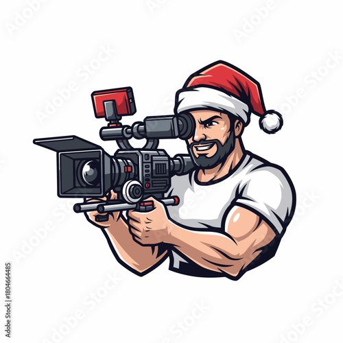 Illustration of a cameraman wearing Santa hat filming footage