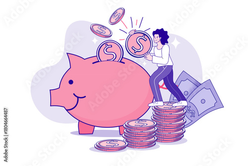 A happy woman saves money by putting a gold dollar coin into a giant piggy bank. This financial concept illustrates personal savings growth, wealth accumulation, and smart investment planning.