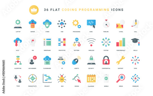 Support of digital projects, sync database system and cyber protection for wireless network, chart performance. Test of software code, data storage trendy flat icons set vector illustration