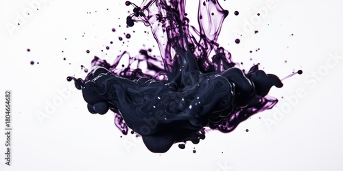 Dark purple ink dissolving and swirling in clear water with small droplets