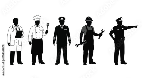 Diverse Professional Silhouettes: Doctor, Chef, Pilot, Mechanic, and Police Officer Career Roles