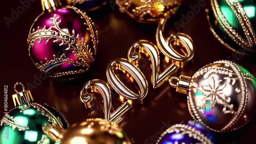 Golden 2026 New Year greeting with festive Christmas ornaments