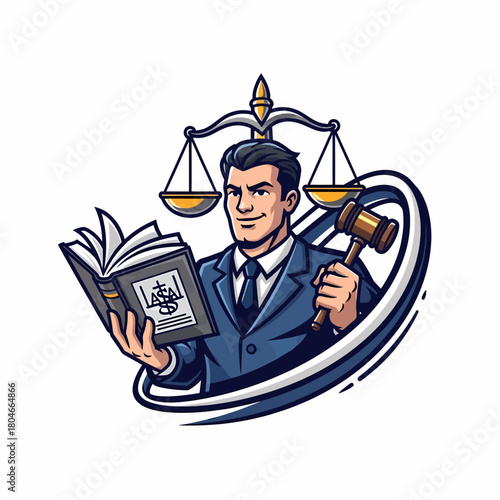 Cartoon lawyer reading law book holding gavel scales justice