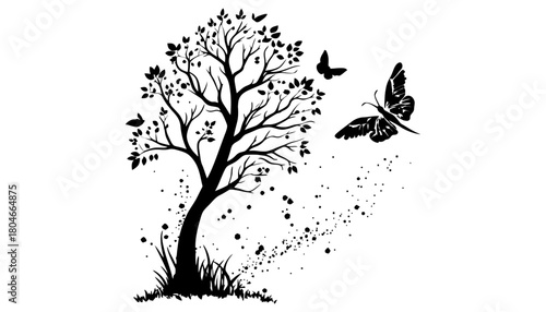 Black silhouette of a tree with butterflies on a white background
