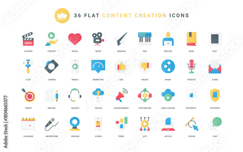 Copyright and marketing in social media, blog trends podcast to share, write and edit articles in computer or mobile phone, hosting. Content creation trendy flat icons set vector illustration