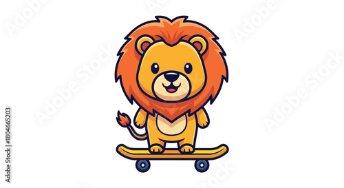 A cute cartoon lion with a fluffy mane is riding a yellow skateboard.
