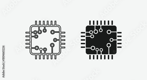Microchip Icon Set – Line Art and Solid Black Silhouette