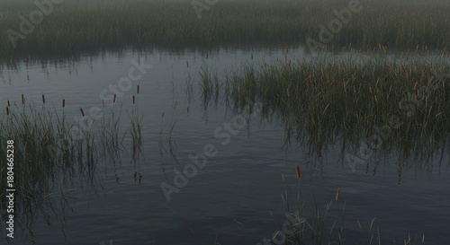 Cattails in a dark body of water amidst tall grass still gloomy