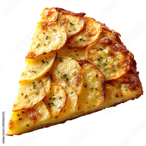A delicious slice of crispy potato pizza layered with thin potato slices and herbs isolated on white