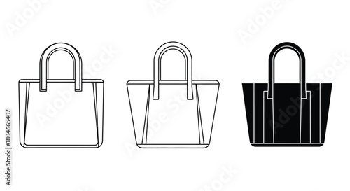 Set of three minimalist tote bag icons in outline and solid black styles.