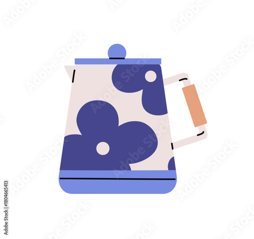 Metal teapot is patterned with blue flowers. Tea pot for preparing hot drinks, brewing herbs. Cute kettle to boil water for coffee, beverages. Flat isolated vector illustration on white background.