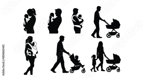 Parents with Babies and Strollers Silhouettes Set. Family Parenthood Childcare Graphic Icons.