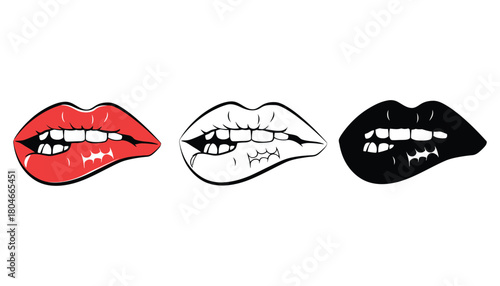 Biting lips vector illustration set red black and white design