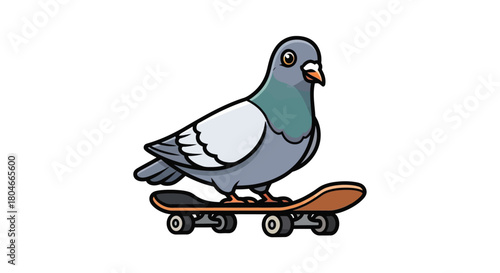 A cute cartoon pigeon with gray and blue feathers standing on a brown skateboard, isolated on a white background.