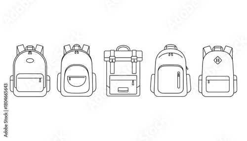 Line art illustration of five different backpack designs in a row
