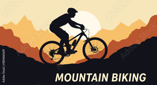 Adventure Mountain Biking Silhouette in Scenic Mountain Landscape at Golden Hour
