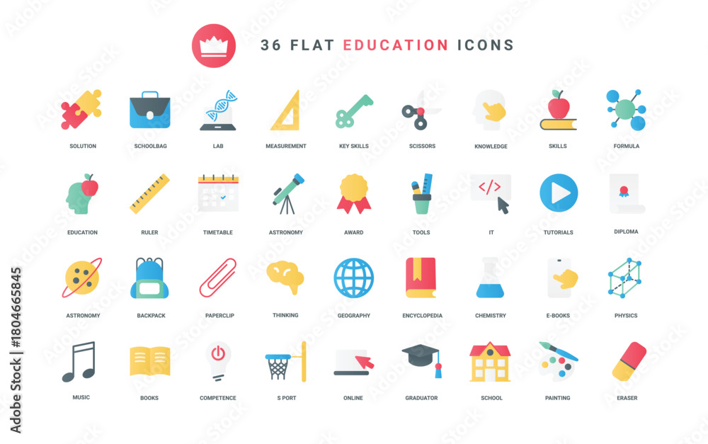 Fototapeta premium School and university knowledge and skills, diploma of graduate student, sport science, research with laboratory microscope. Education, scholarship trendy flat icons set vector illustration