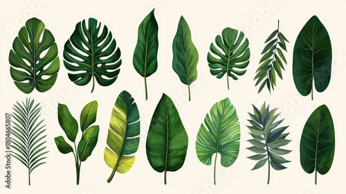 Collection of diverse green tropical plant leaves illustrated in watercolor style